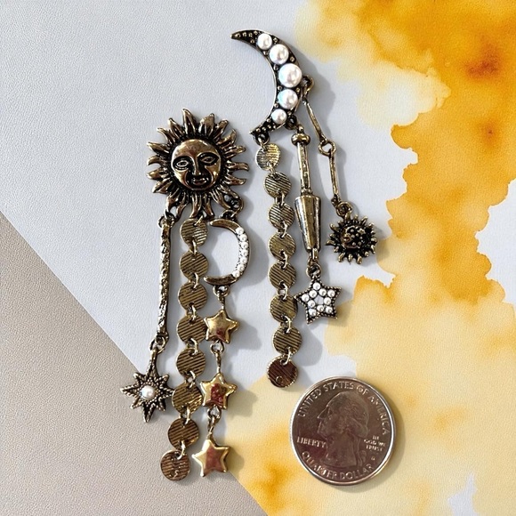 Boho Celestial Charm Earrings - Bronze and Faux Pearls Bohemian Boho Celestial - Picture 10 of 17